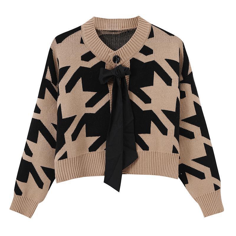 Sweet Bow Round Neck Contrast Color Retro Sweater Coat