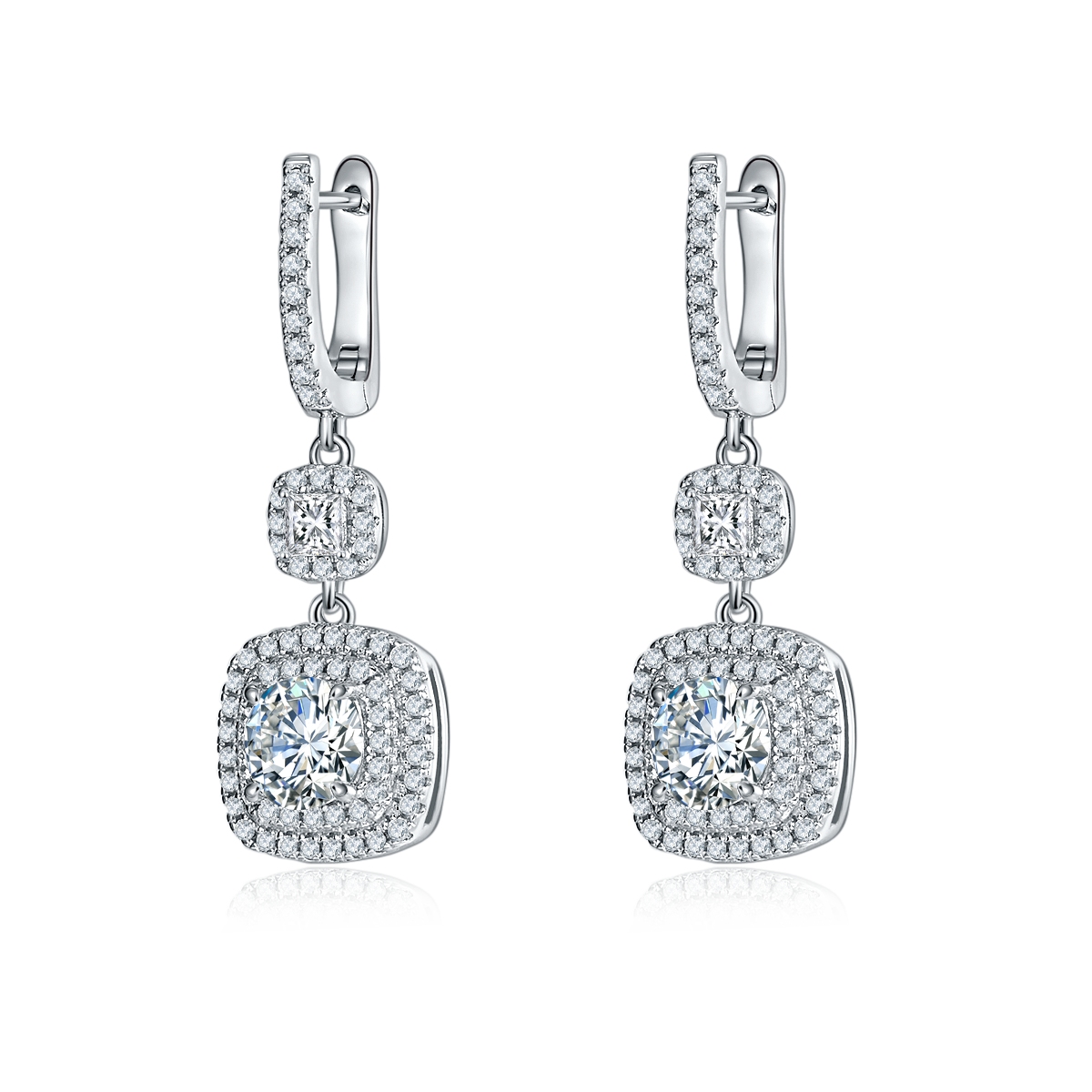 S925 Sterling Silver Cushion Double Halo Drop Earrings, 1ct D-VVS1 Moissanite, Platinum Plated 6.6g Women's Jewelry Gift Box