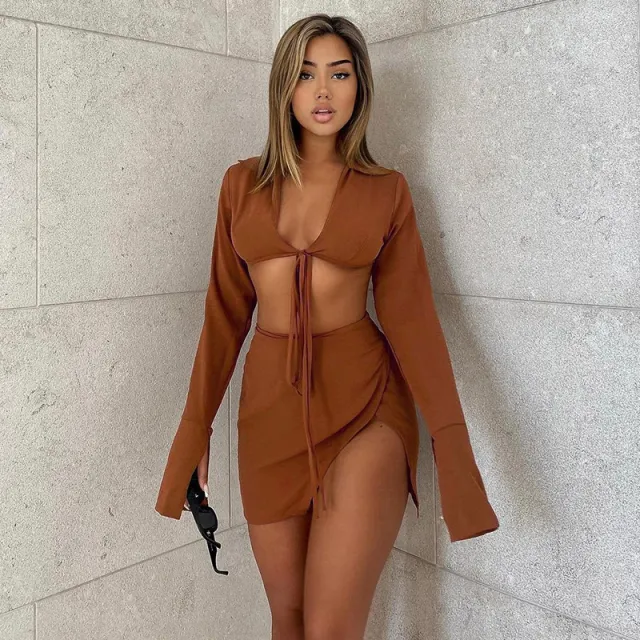 Women's Long Sleeve Lace Up Cardigan Slit Pack Hip Skirt Brown - Shop at LoveMi