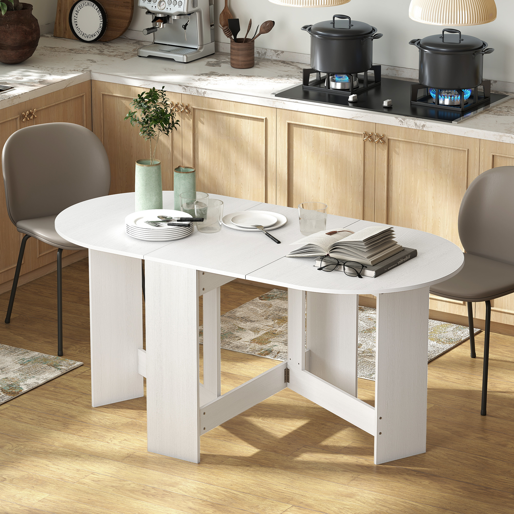 Folding Dining Table, Small-sized Oval Tabletop, White Wax Wood Grain