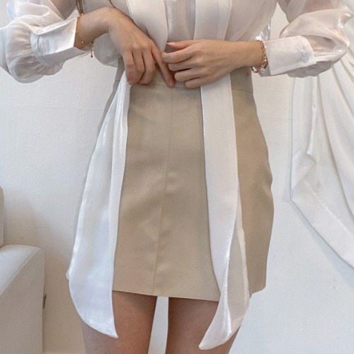 Fashion Neckline Streamer Hedging Shiny Shirt  High Waist A-line Skirt Short Female