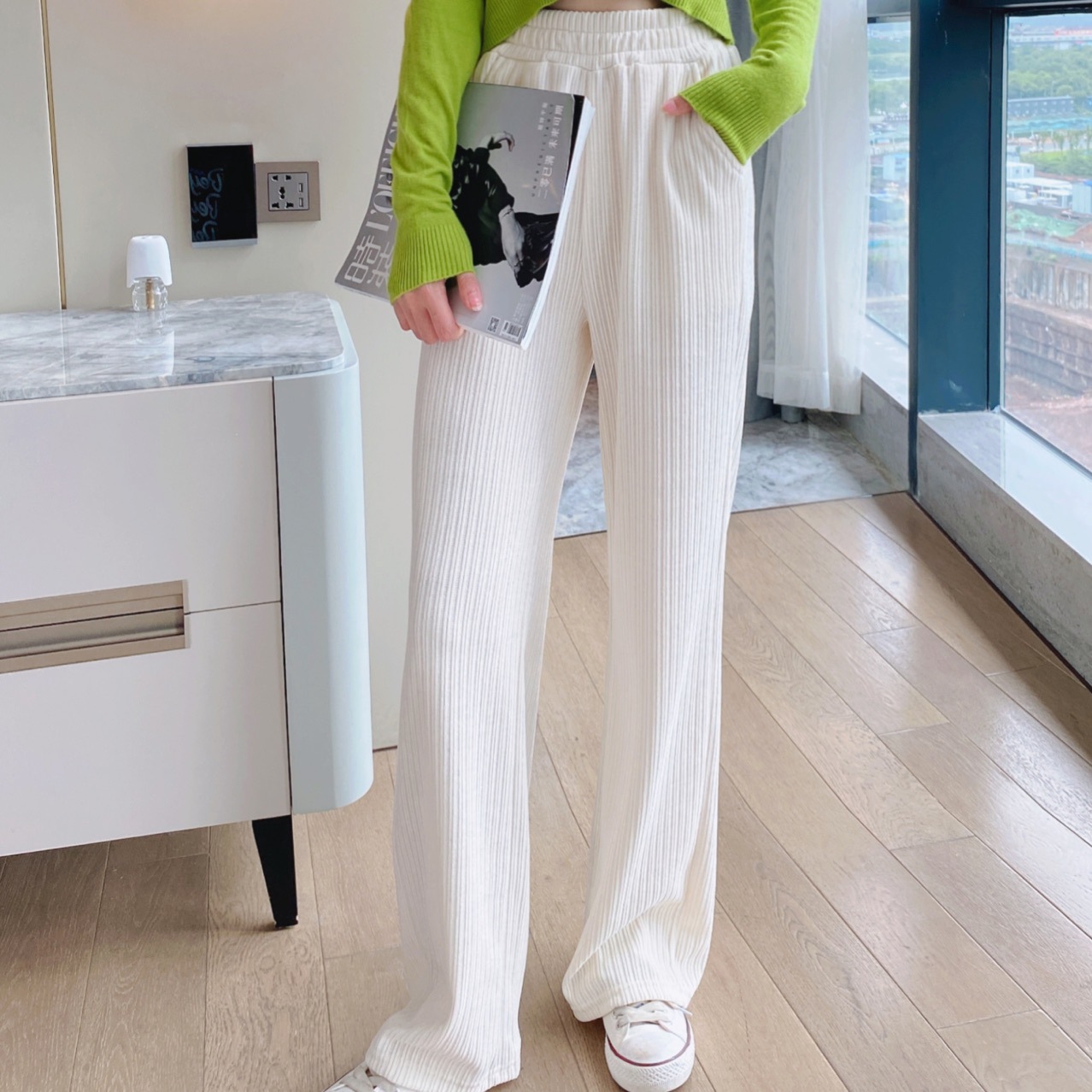 Title 1, Chenille White Wide-leg Pants Trousers High Wai...