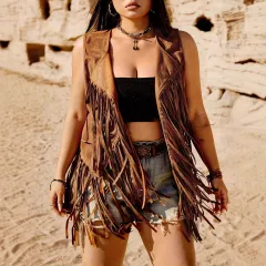 Women's Retro Tassel Sleeveless Lapel Jacket - Brown - View 1
