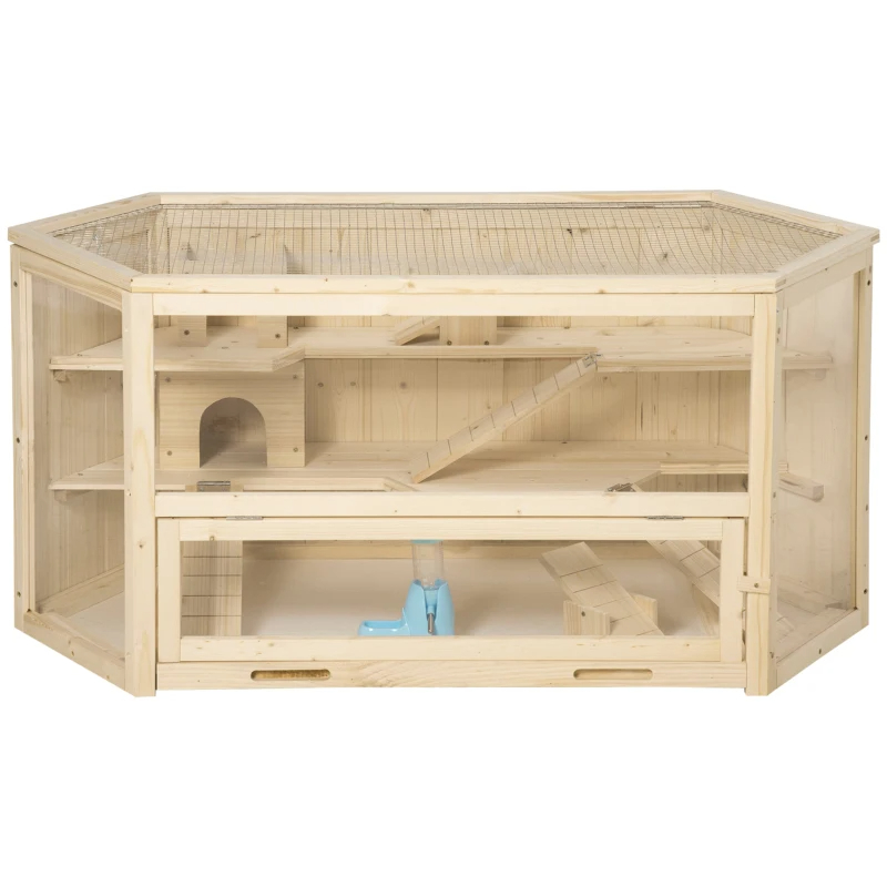 Wooden Large Hamster Cage Small Animal Exercise Play House 3 Tier With Tray, Seesaws, Water Bottle, Activity Center, Natural