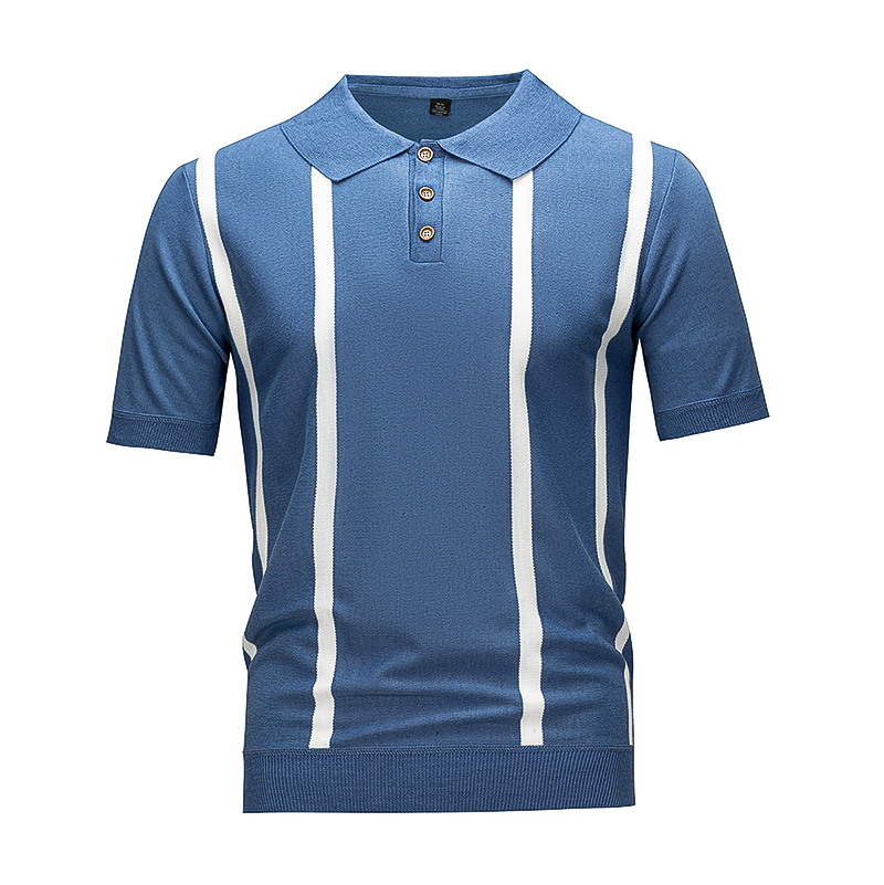 Men's Blue & White Vertical Striped Knit Polo Shirt, Short Sleeve Casual Top