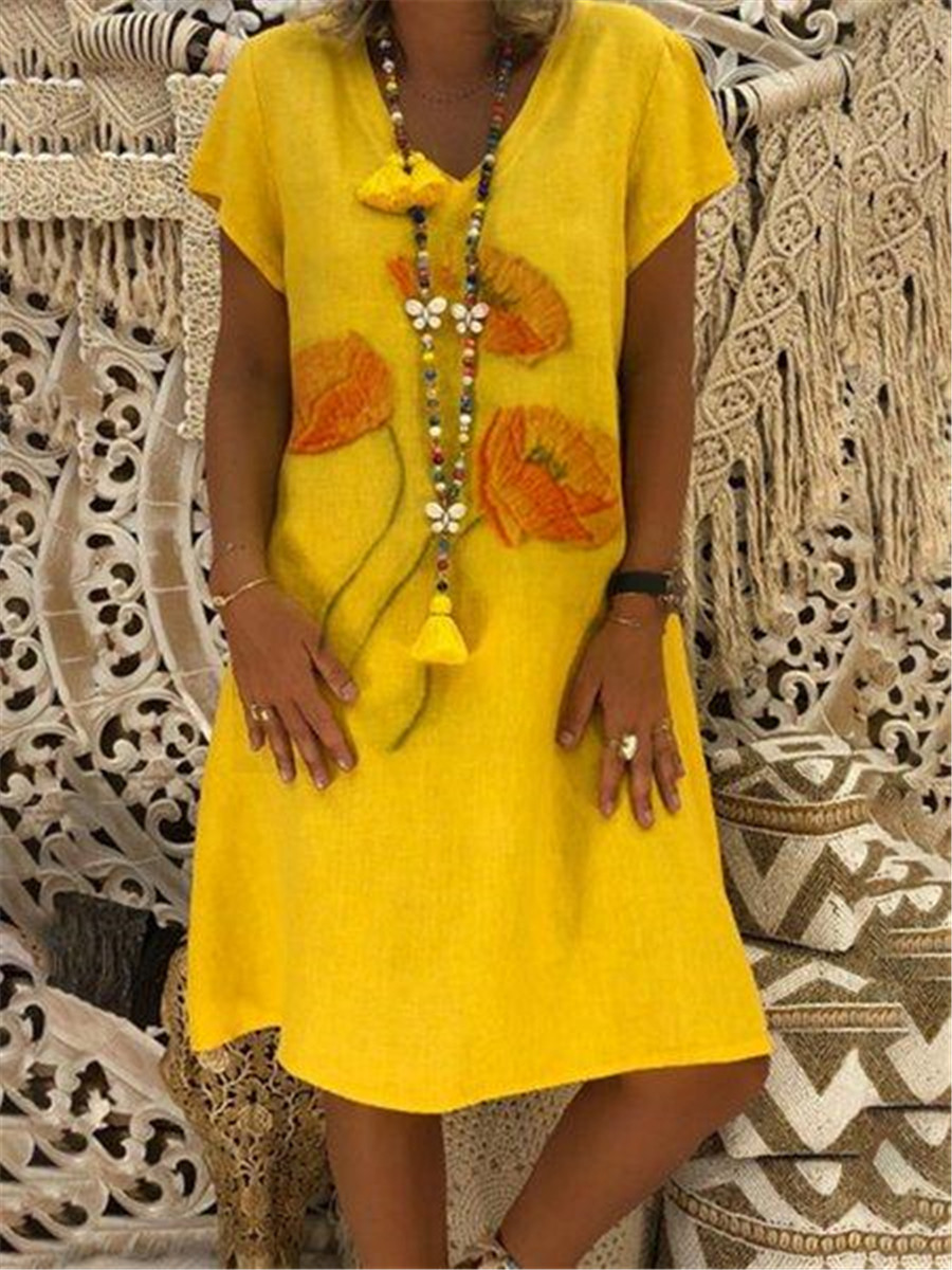 Women's Short-sleeved Dress Loose Abstract Big Flower Print V-neck