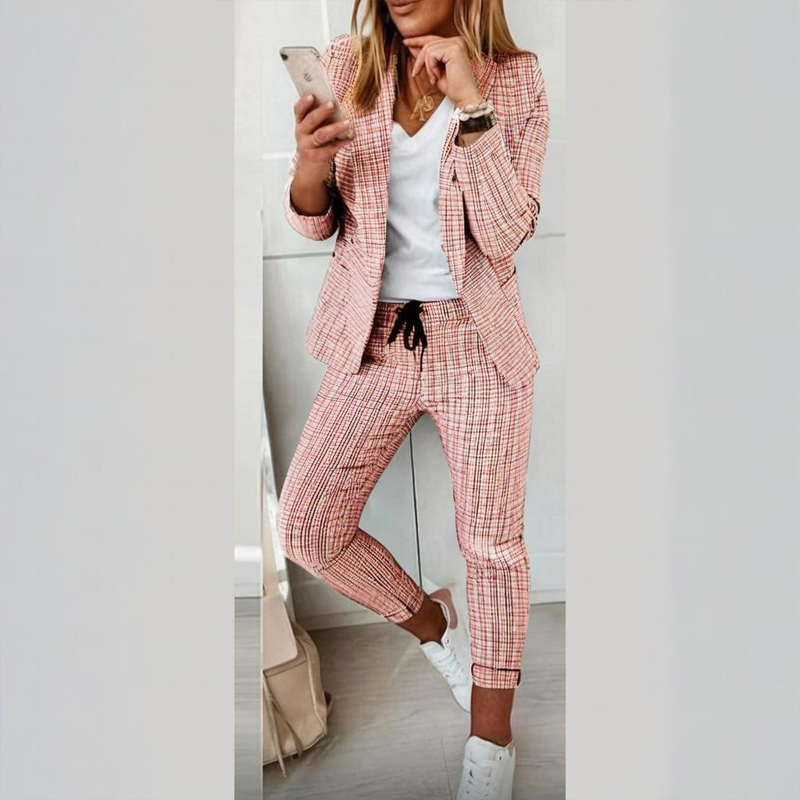 Women's Solid Color Plaid Long Sleeve Suit Two piece Set With Pockets & Drawstring Waist Office Wear For Spring&Fall Pink - Shop at LoveMi