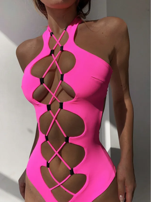 European And American Black Strappy One piece Swimsuit Pink - Shop at LoveMi