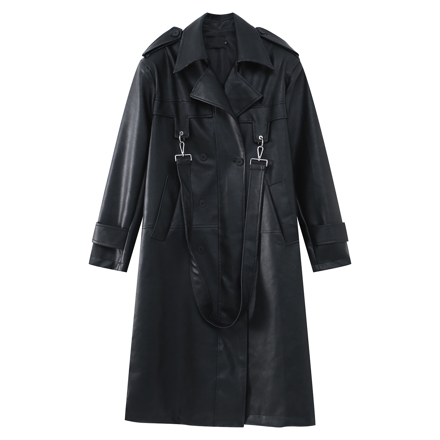 Design Sense Metal Zipper PU Shoulder Pad Medium Length Coat