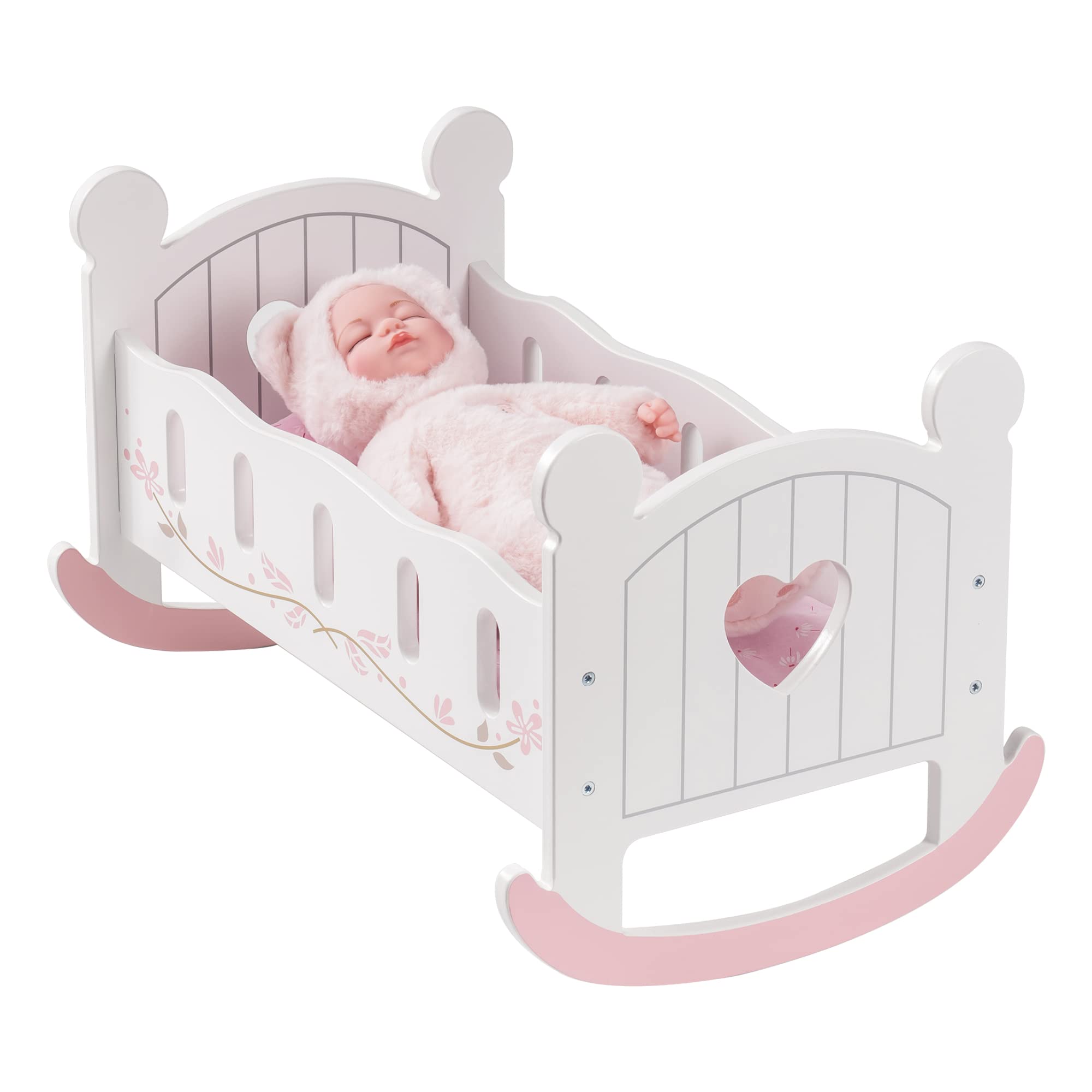 wooden doll cradle rocking baby doll crib reversible doll bed for dolls girl fits dolls up to 18 inches