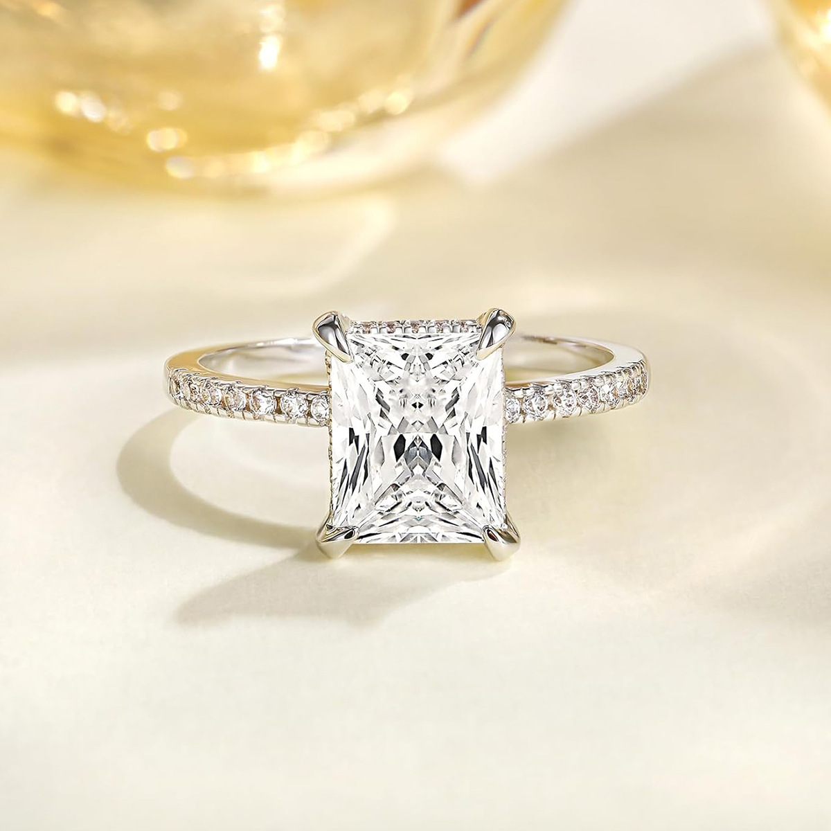 New Summer Rectangular White Diamond Ring With Side Stones, Four-Prong Light Luxury Jewelry