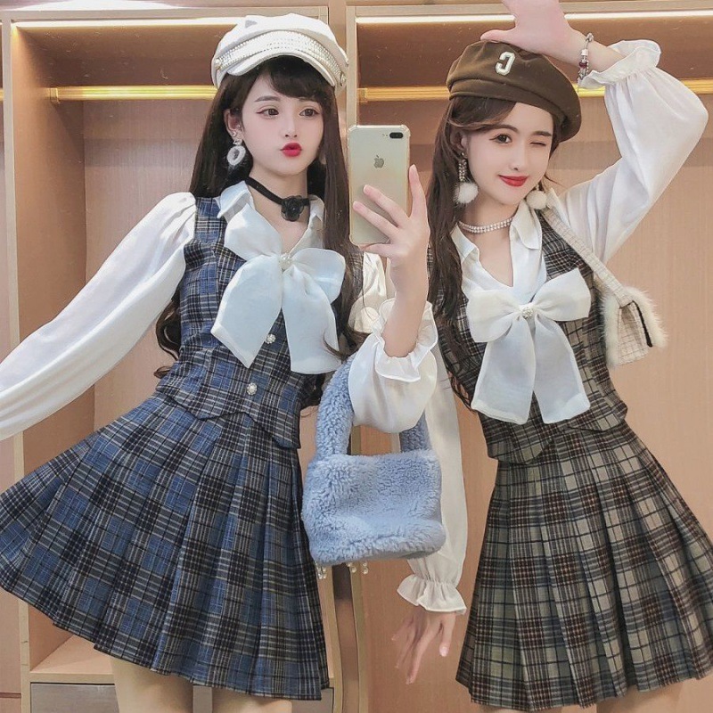 Blouse Panel Plaid Top Pleated Skirt Two Piece Set - Image 5