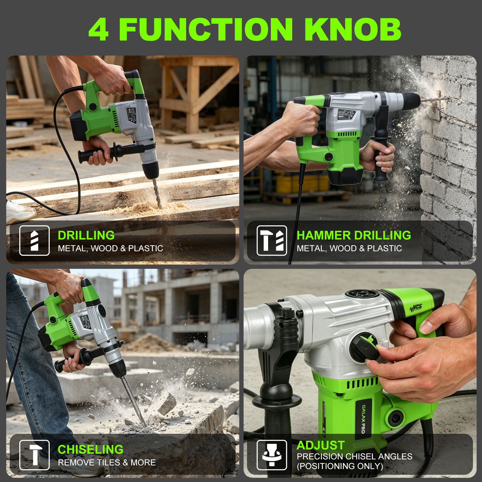 Galax PRO SDS Plus Rotary Hammer Drill 1500W 4000RPM, 4 In 1 Functions, Anti