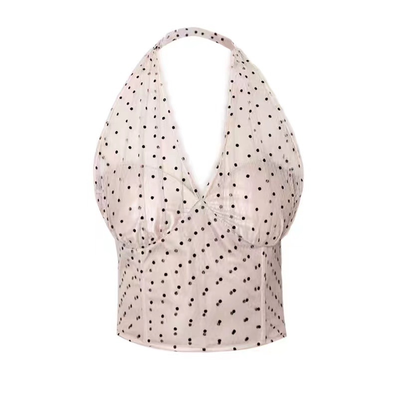 Polka Dot Mesh Fishbone Top   Halter Bottom Design Slim Sling