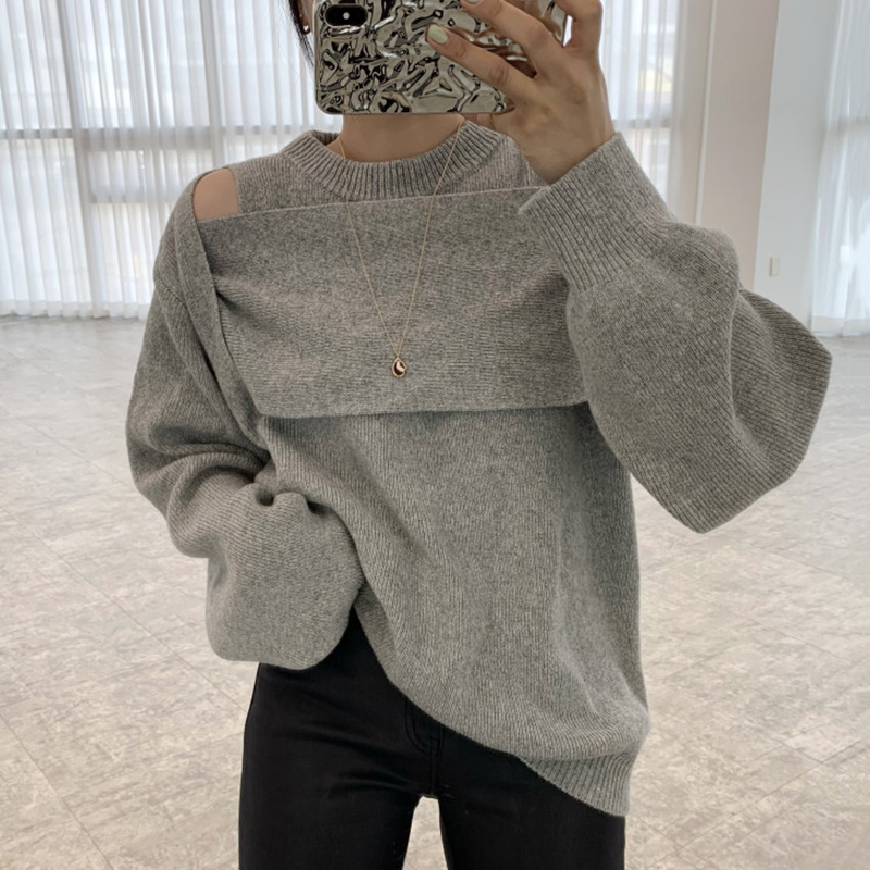 Layered Hollow Out Shoulder Stitching Design Sweater Women