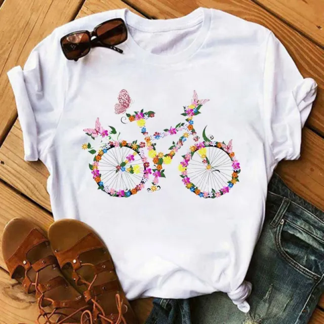 Women's Fun Bicycle And Sunflower Print Short Sleeve T Shirt 3.Style - Shop at LoveMi