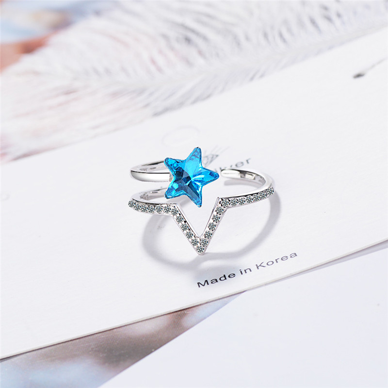 Japanese And Korean Fashion All-match Ring Female Blue Artificial Crystal