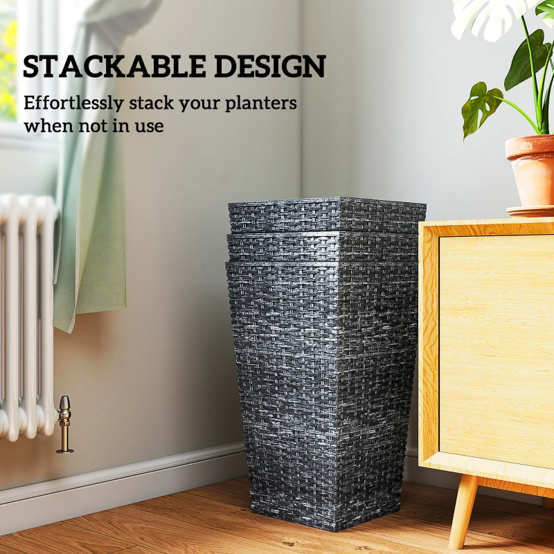 Tall Planters For Outdoor Plants Set Of 3, 24 In Taper Planters With Drainage Holes, Rattan Decor Plant Pots For Indoor Outdoor Front Porch Patio Backyard,