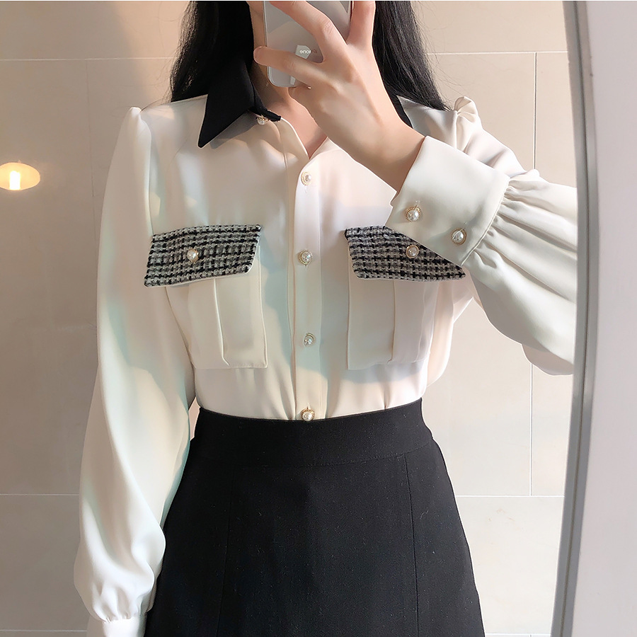 Colorblock Plaid Lapel Pearl Single-breasted Pocket Long-sleeved Shirt