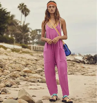 Women's Fashion Solid Color V-Neck Sling Pocket Jumpsuit - Pink
