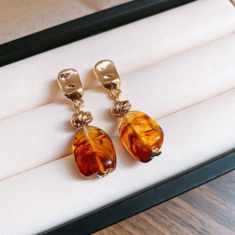 Amber Resin Gold Stud Earrings – Lightweight Statement Pieces