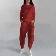 Solid Colour Fashion Sweatshirt Long Sleeve Back Slit Top With Pockets Loose Trousers Women's Clothing - Red - View 1