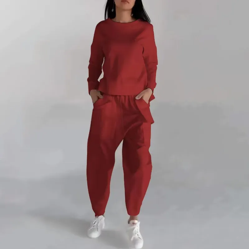 Solid Color Fashion Sweatshirt Long Sleeve Back Slit Top With Pockets Loose Trousers Women's Clothing - Red