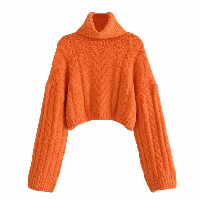 Women's Eight strand Short Knitted Woolen Turtleneck Loose Sweater Orange - Shop at LoveMi