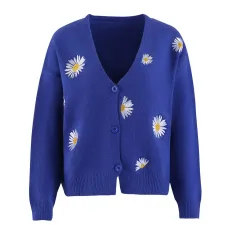 Women's Single Breasted Sweater Chrysanthemum Embroidered Cardigans Coat Clothes - Blue - View 1