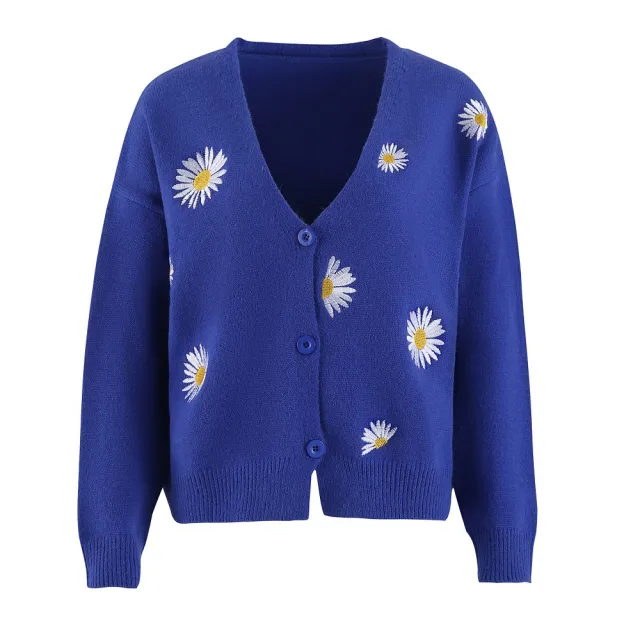 Women's Single Breasted Sweater Chrysanthemum Embroidered Cardigans Coat Clothes Blue - Shop at LoveMi