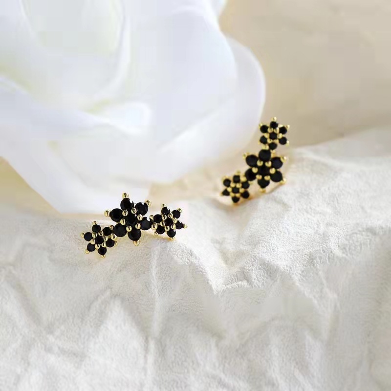 Title 3, Black Zircon Small Flower Ear Studs, add subtle...