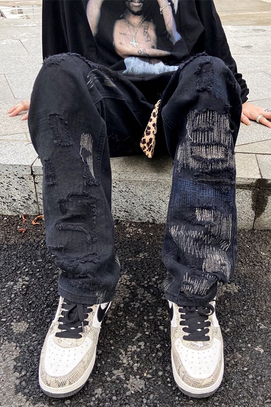 Women's Ripped Personality Knife Cut Loose Straight Jeans Black - Shop at LoveMi