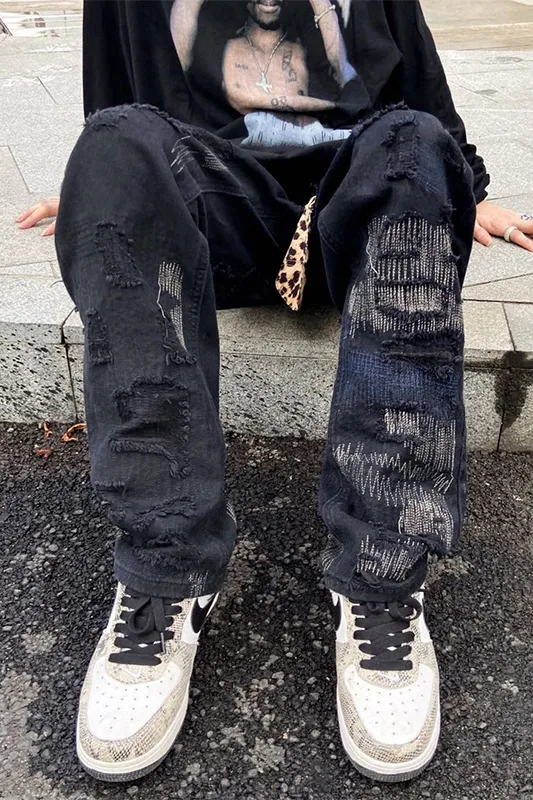 Women's Ripped Personality Knife Cut Loose Straight Jeans Black - Shop at LoveMi