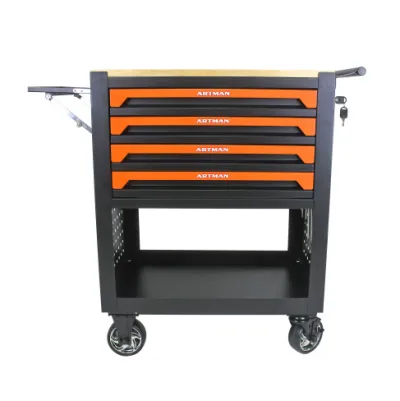 4 DRAWERS MULTIFUNCTIONAL TOOL CART WITH WHEELS AND WOODEN TOP-ORANGE