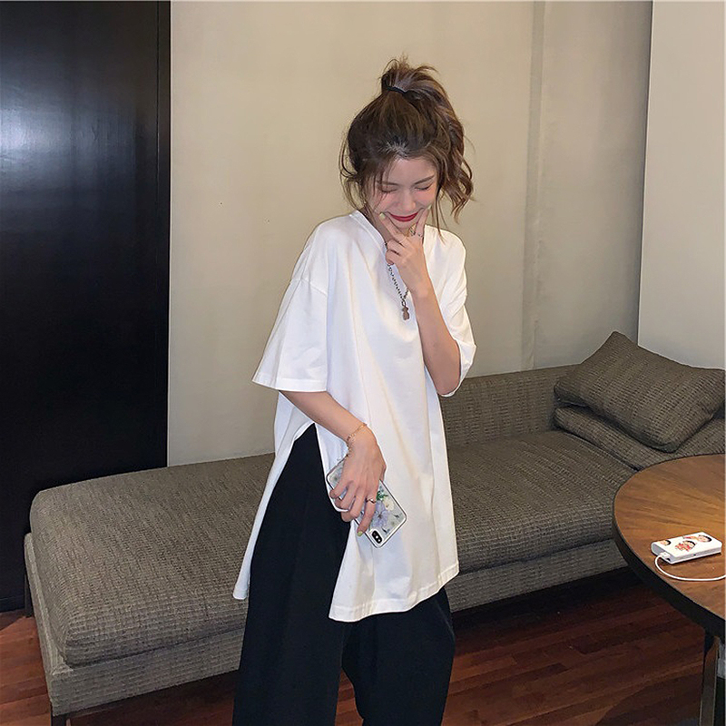 Pure Cotton Womens Short Sleeved Mid Length Dress With Slits