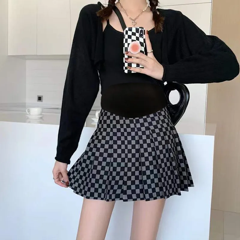 Black And White Plaid Pleated Skirt A- Line Skirt High Waist Slim Fit - Black