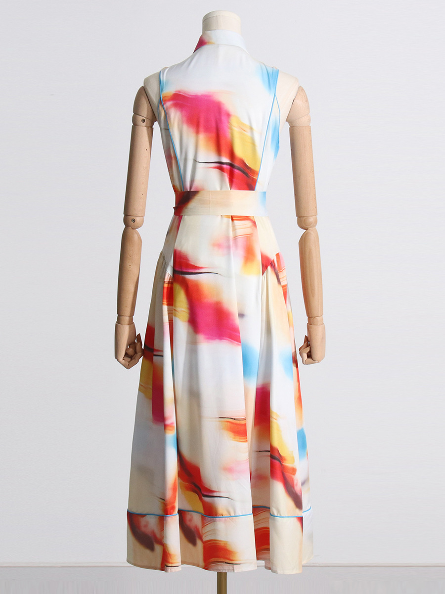 Women's Fashion Polo Collar Printed Lace Up Waist Dress