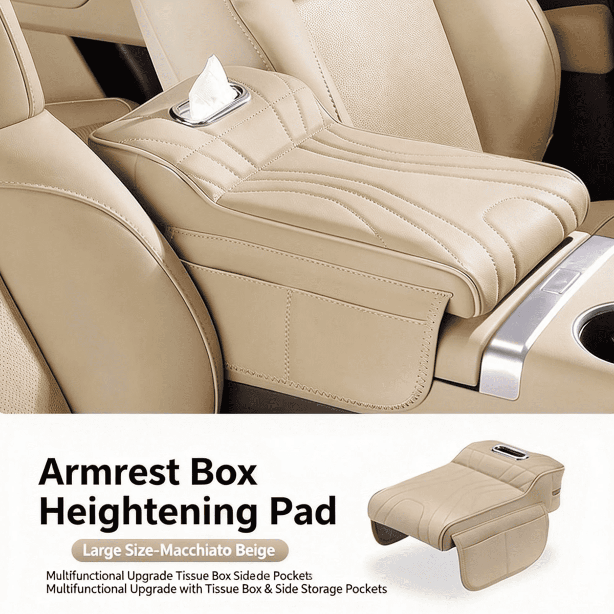 Car Center Console Armrest Cover With Tissue Box And Dual Cup Holders, Leather Armrest Cushion Pad With Side Storage Pockets, Memory Foam Car Interior Accessories, Universal Fit