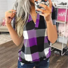 Women's New Shirt Plaid Printed V-Neck Short-Sleeved Shirt T-Shirt Women - Purple - View 1