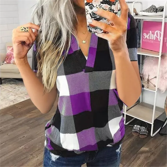 Women's New Shirt Plaid Printed V Neck Short Sleeved Shirt T Shirt Women Purple - Shop at LoveMi