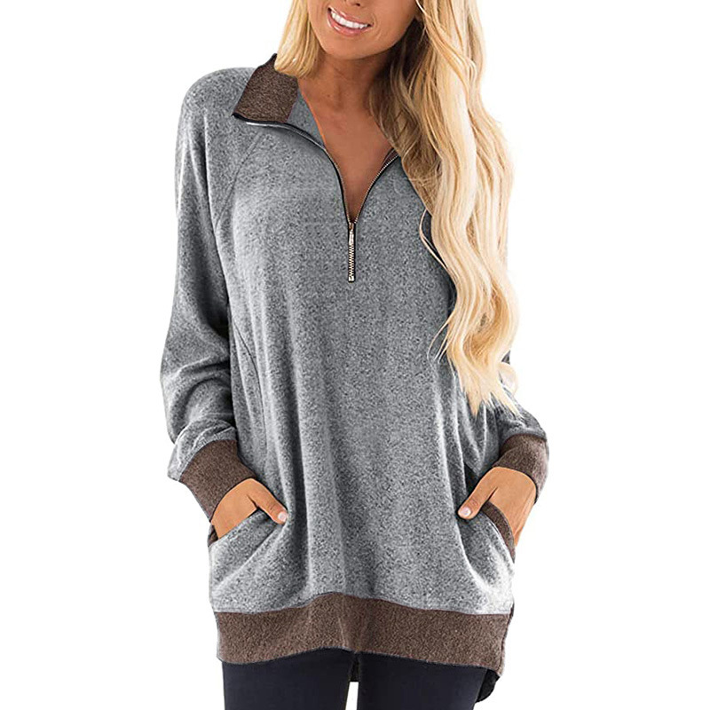 Women's Chest Zipper Casual Pocket Long Sleeves Grey - Shop at LoveMi