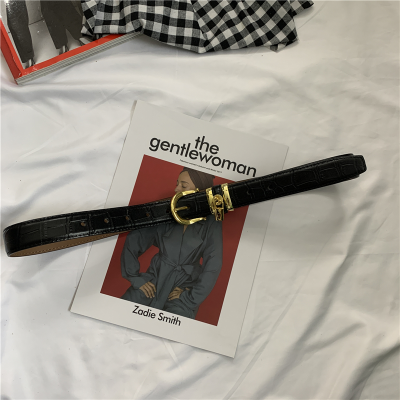 High-end Antique Gold Ins Niche Lock Pattern Leather  Cowhide Belt