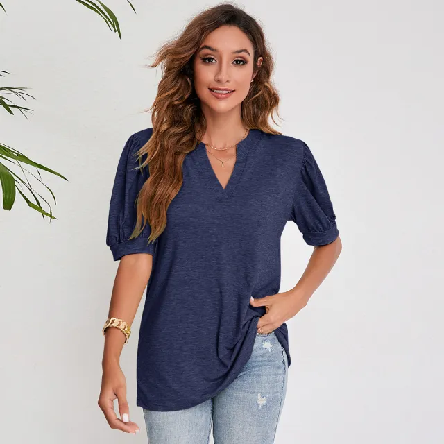 Women's Pleated Puff Sleeve Tops Summer V Neck T Shirts Casual Loose Blouses Blue - Shop at LoveMi
