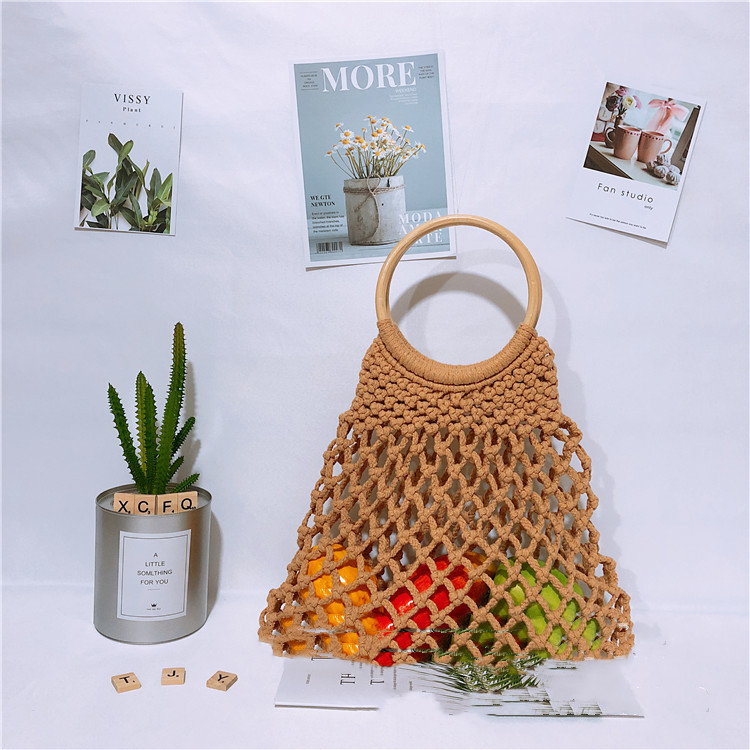 Hand held Cotton Thread Bag Mesh Hollow Unlined Straw Bag Coffee - Shop at LoveMi