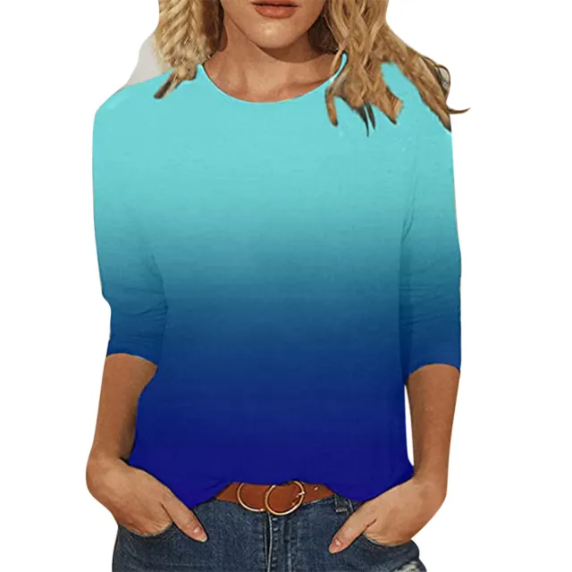 Fashion Round Neck Print Mid length Sleeve T shirt Top Blue - Shop at LoveMi