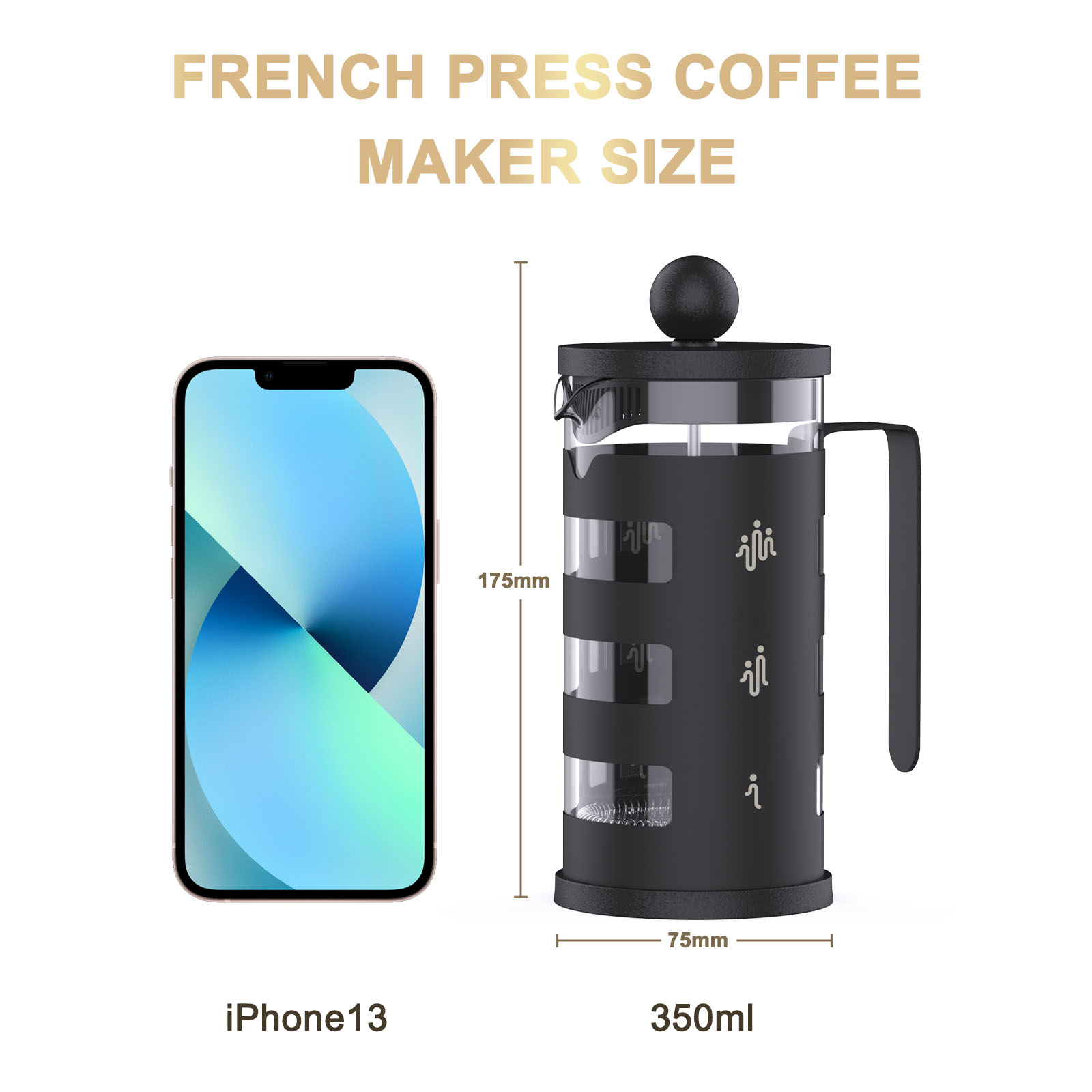 RAINBEAN French Press Coffee Maker - Heat Resistant Glass. FRIENDLY COFFEE MAKER: Unique design with HUMAN-SHAPED logo, means sharing happiness with family and friends! 350ml/12 ounces french press makes 2-3 cups of coffee could enjoy, you could brew deli