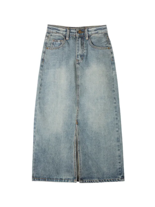 Slit A line Skirt Denim Skirt Women's Retro High Waist Blue - Shop at LoveMi