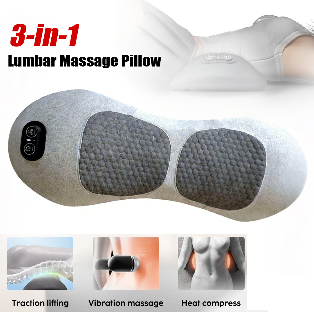 Electric lumbar support pillow with heat, massage and stretching function
