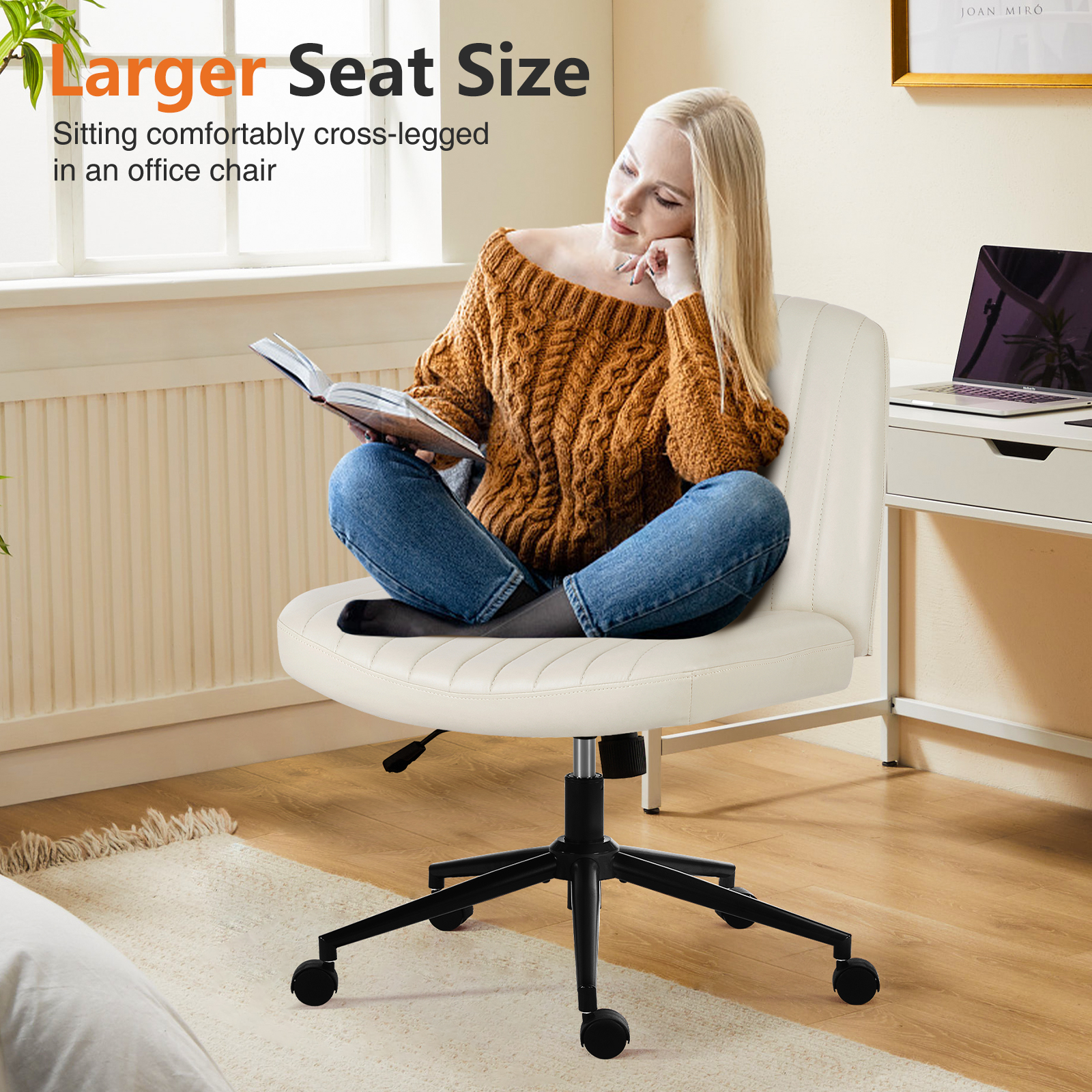 Office Desk Vanity Chair Cross Legged Armless Swivel Fabric Height Adjustable Wide Seat With Replaceable Wheels-Fixed Base, Comfy Task Chair Padded image 8