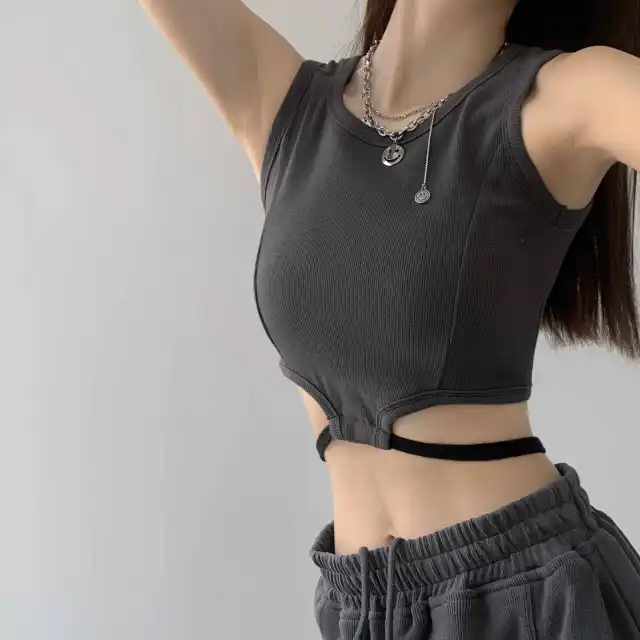 Trendy Girl Short Sleeveless Vest With Umbilical Strap Carbon Grey - Shop at LoveMi